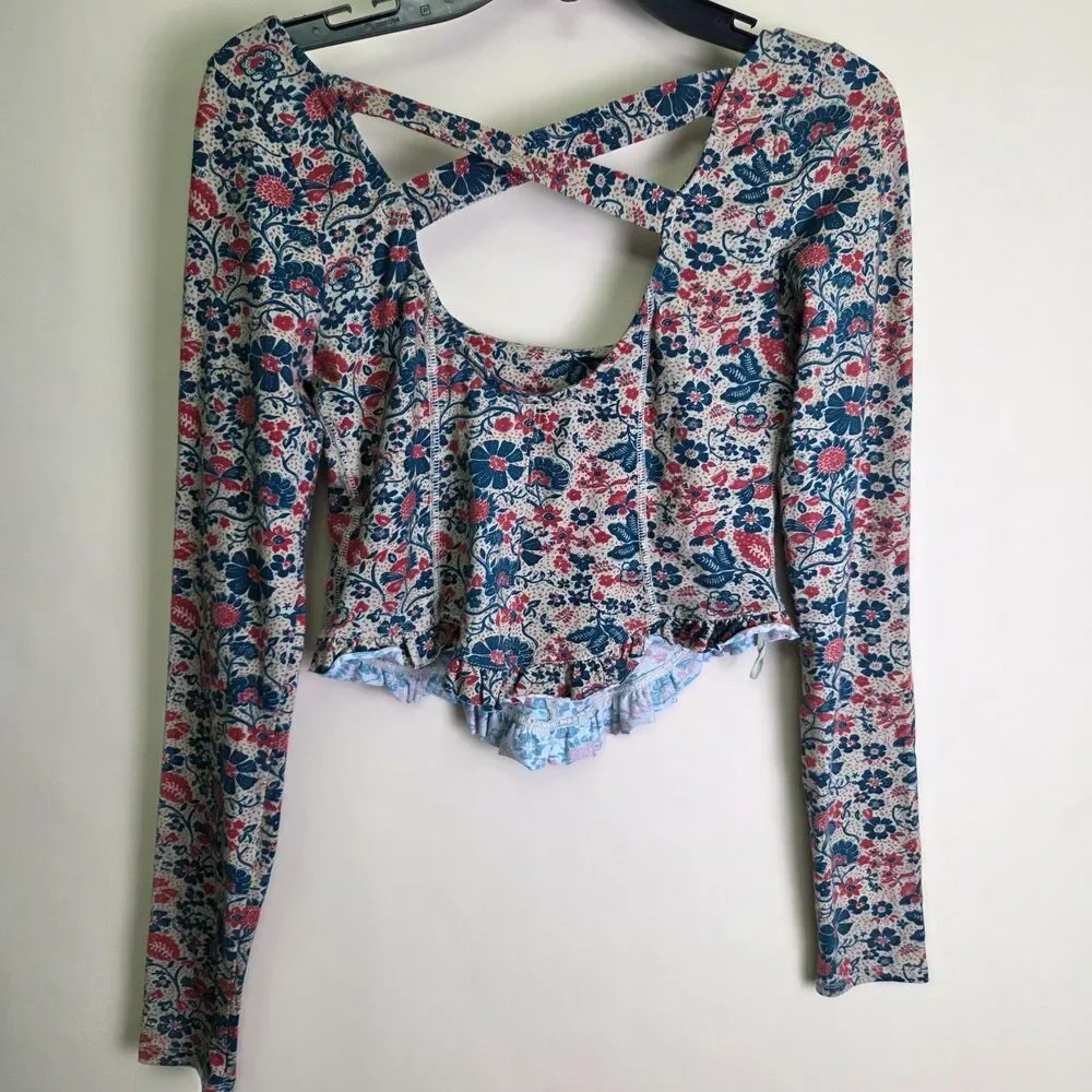 Free People Melanie Long Sleeve Floral Print Crop Top Cross Back Size Small